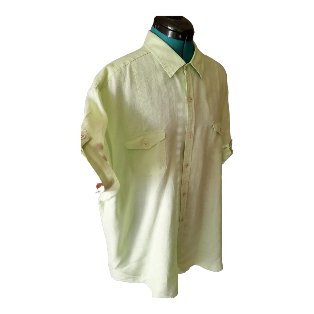 100% Linen Women's Islander Short Sleeve Button Up Shirt Light Green XXL